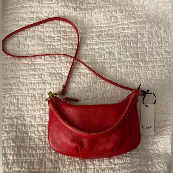 CLARE V. Petit Moyen Messenger Leather Shoulder or Crossbody Bag Rouge Nappa Red - Picture 5 of 13